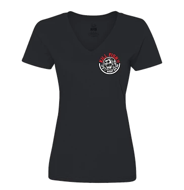Kill Fish Co. FISHING AND OUTDOOR APPAREL KILLFISH CO. Women's "Round" Logo Black V-Neck T-Shirt 4 Kill Fish Co. FISHING AND OUTDOOR APPAREL KILLFISH CO. Women's "Round" Logo Black V-Neck T-Shirt